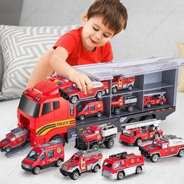 Alloy Car Model Kids Toy Big Container Transporter Set with 13Pcs Mini Engineering Vehicle Fire Truck Racing Chilren Gifts 240110