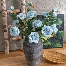 Decorative Flowers Maintenance-free Flower Wedding Arrangement Realistic Artificial Rose Bouquet 3 Heads Bright Color For Home