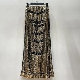 Autumn Retro Sequined X Long Skirt Vintage Beading Empire Gold Silm Bodycon Runway Bohemian Back Slit Pencil Jupe Sequin 240111