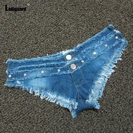 Shorts Ladiguard 2022 New Sexy Thong denim shorts Women Fashion Pearl Beading Short Jeans Slim Panties Female Vintage Ripped hotpants