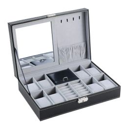 Lnofxas Watch Box 8 Jewellery Display Case Organiser Trey Storage Black PU Leather with Mirror and Lock 240110