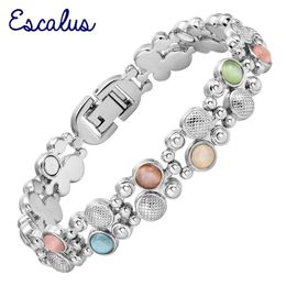 Bracelets Escalus Women's Colourful Cat Eye Stones Magnetic Jewellery Bracelet For Women Silver Colour Charm Wristband