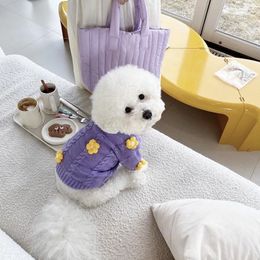 Dog Apparel 2024 Purple Flower Clothes Autumn Teddy Sweater Pet Warm Knit Schnauzer Pullover Fashion Two Legged Clothing