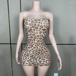 Stage Wear Fashion Celebrate Evening Dresses Leopard Rhinestones Mini Dress Women Performance Festival Outfit Singer Costume XS7560