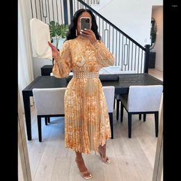 Party Dresses Elegant Dress Women Fashion Pearl Belt Print Pleated Lantern Sleeve Chiffon Half Turtleneck