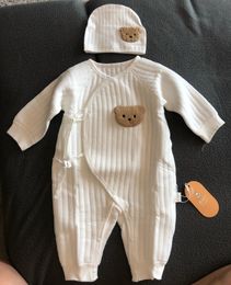 Bear Baby Jumpsuits with Hat Cotton Toddler Rompers for Boys Girls Long Sleeves Onesies Soft Breathable OnePiece Pajamas 240110