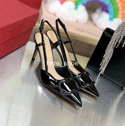 2024 The new Heel summer one-button shallow heel sandals for womens with pointy leather patent nude high heels