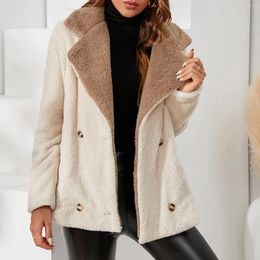 Women's Jackets Warm Thick Colour Block Plush Coat Lapel Pocket Winter Fashion Outwear 2024 Faux Fleece Fluffy Ladies