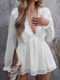 Women's Blouses Solid Color Lace Chiffon Shirt European And American Fashion Loose Pink V-neck Long Sleeve Top Women