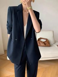 Vintage Loose Women Trousers Suits Formal Casual Business Jacket Pencil Pants Ladies Two Pieces Blazer Set Femme Outfits 240110