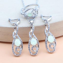 Sets 925 Silver Opal Bridal Jewellery Sets White Zircon Earrings For Women Wedding Rings Pendant Necklace Set