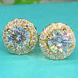 Stud Earrings 18K Yellow Gold Women 0.5 1 2 3 Carat Round Moissanite Diamond Present Wedding Anniversary Engagement Party Gift