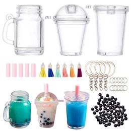 204Pcs Mini Cup Keychain Kit Bubble Tea Keychain Kit Mini Cup Pendant Charm with Keychain Rings Tassels Bubbles Straws 240110