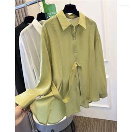 Women's Blouses Sweet Cute Vintage Green Belt Design Y2K Long Sleeve Solid Color With Buttons Women 2024 Summer Shirt Ladies Blouse