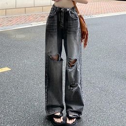 Jeans Vintage Ripped Women Jeans Autumn High Waist Denim Wide Leg Trousers Y2K Loose Hip Hop Streetwear Dark Grey Casual Pants New