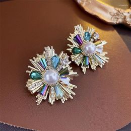 Stud Earrings Irregular Rhinestone Pearl Flower For Women Shiny Crystal Earring Christmas Festival Jewellery Year Gift