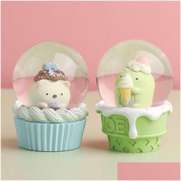 Decorative Objects Figurines Kawaii Luminous Snow Globe Mini Cute Crystal Ball Sphere Glass Office Desk Ornaments Home Decor Birth Dhnxf