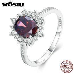 Rings WOSTU 925 Sterling Silver Big Stone Fire Red Crystal Wedding Ring for Women Clear CZ Top Quality s925 Rings Party Jewellery Gift
