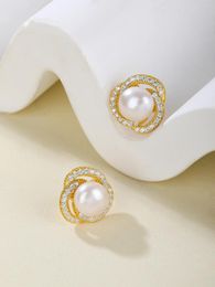 Stud Earrings 8mm Freshwater Cultured Pearl 925 Sterling Silver CZ For Women Gold Plated Temperament Party Jewelry Gift