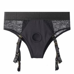 Sexy Briefs Lace Backless Harness Underwear With Garter Wearable Pants For Women Men Couples Open Penis Hole Strap on Panties 240110