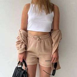 Women's Tracksuits Two-Piece Wrinkled Fabric Lapel Long Sleeved Shirt High Waisted Drawstring Shorts Sets Fashion Button Outfits Suit