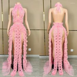 Stage Wear Pink Sequins Party Dress Sexy Cutout Wedding Celebrate Dresses Women Singer Performance Costume Outfit Clubwear XS7570