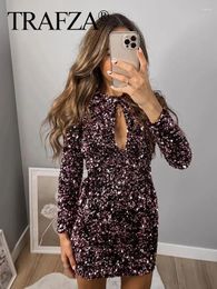 Casual Dresses TRAFZA Spring For Women Fashion Sequins Hollow Sheath Short Dress Woman Wild With Lace Up High Street Mujer Vestidos