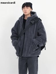 Mauroicardi Winter Thick Warm Oversized Dark Grey Sherpa Jacket Men with Hood Zip Up Fluffy Loose Casual Faux Lamb Fur Coat 240110