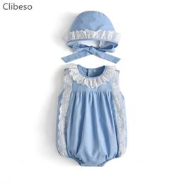 Baby Girls Blue Linen Rompers Children Spanish Boutique Bodysuits born Summer Sleeveless Bubbles EID Birthday Gift 240110