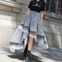 Skirts Gothic Vintage Black White Plaid Skirt Women Sexy Mesh Irregular Layered Long 2024 Fashion Harajuku High Waist