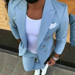 Men's Suits Summer Light Blue Slim Fit Men For Groom Wedding Double Breasted Tuxedo 2 Piece Jacket Pants Set Formal Prom Costume Homme