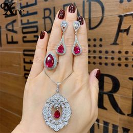 Sets QXTC Women's Vintage Ruby Jewelry Sets Gemstone Rings Pendant Necklace Drop Earrings Wedding Party Female Birthday Gift