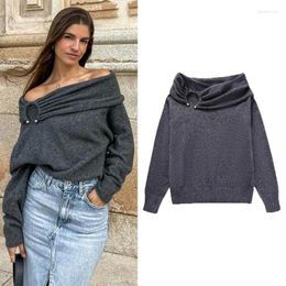 Women's Sweaters 2024 Women Draped Sweater Elegant Straight Neck Off Shouder Knit Tops Female Grey Long Sleeve Soft Knitted Pullover Autumn