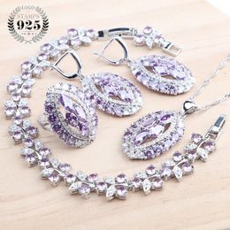 Sets 925 Sterling Silver Bridal Jewellery Sets Purple Zircon Wedding Earrings Ring Bracelets Pendant Necklace Set For Women