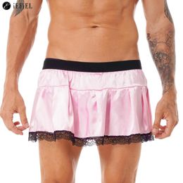 Mens Frilly Satin Lace Trim Pleated Mini Skirt Sissy Crossdresser Underwear Lingerie Cosplay Short Skirts Pyjamas Nightwear 240110