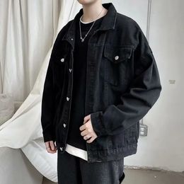 Black Denim Short Jacket Men Turn Down Collar Bomber Jacket Jeans Coats Casual Pockets Overalls Streetwear Man Clothing Outwear 240110