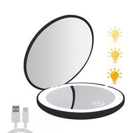 Mini Portable Folding Travel Mirror LED Light Makeup Mirror Compact Mirror 10X Magnification 2-sided Beauty Makeup Round Mirror 240111