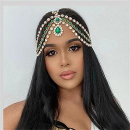 Boho Headband Crystal Head Chain Bridal Forehead Headpiece Dance Headdress Hair Chain Green Gem Wedding Hair Accessories 240110