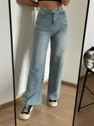 Jeans COCHONNET Retro High Waist Slim Slim Slit Slit Floor Mopping Jeans Women Washed Dark Blue Loose Straight Leg Pants