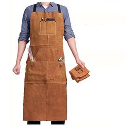 Cowhide Leather Work Shop Apron with 6 Tool Pockets Heat Flame Resistant Durable Heavy Duty Welding for Men Women 240111