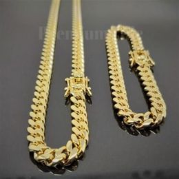 8mm Mens Miami Cuban Link Bracelet & Chain SET 14k Gold Plated Stainless Steel176Y
