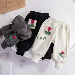 Trousers Baby Girls Pant Kids Fleece Thick Trousers Toddler Warm Pant with Flower Pocket Winter 1 To 6Yrs ldren's Clothes Korean Stylevaiduryc