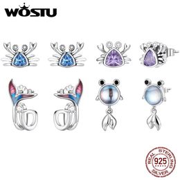 Earrings WOSTU 925 Sterling Silver Sea Ocean Crab Mermaid Tail Movable Goldfish Stud Earrings For Women Fashion Party Jewellery Gift CTE572