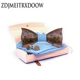 3D Wood Bowtie Handkerchief Cufflinks Sets for Mens Suit Wooden Bow Tie Bowknots Wedding Party Ties Cotton Engraving Cravat 240111