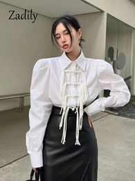 Zadily Autumn Long Puff Sleeve White Shirt Women Office Lady Tassel Button Up Tunic Blouse Work Female Clothing Tops 240111