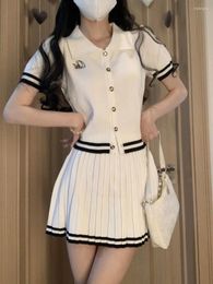 Work Dresses College Suit Women Polo Neck Knit Cardigan Pleated Skirt Spliced Korean Solid Slim Sweet Fashion Summer Lady Soft Two-piece Set