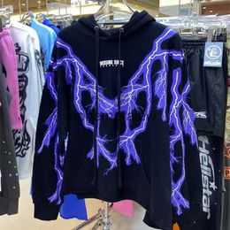 Moletons masculinos com capuz desaparecidos desde Ursday ROXO HOODIE Lightning Print Reflexivo Solto Fitephemeralew