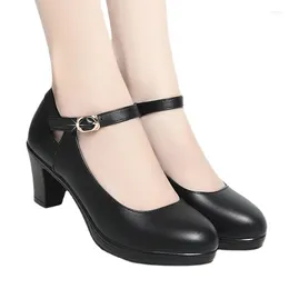 Dress Shoes Genuine Leather Women Round Toe Pumps High Heels Fashion Black Work Shoe Plus Size 33-43