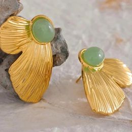 Stud Earrings French Vintage Petal Two Pieces Set Natural Green Gem Stone Women's Tender Butterfly Elegant Piercing