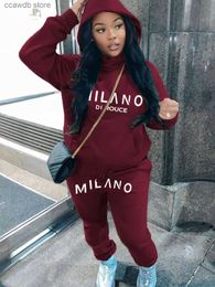 Women's Two Piece Pants LW Plus Size Women Autumn Winter Wine Red Casual Hooded Collar Pattern Letter Print Kangaroo Pocket Design Tracksuit Set T240110